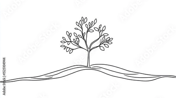 Fototapeta Simple line art drawing of a young tree on a hill