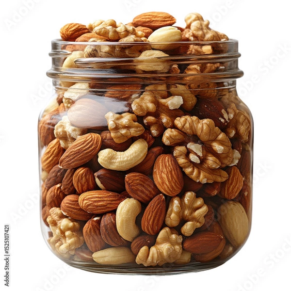 Obraz Assorted nuts in a glass jar filling the entire container on transparent background