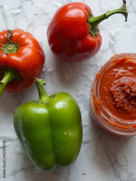 Fototapeta Close-up of two fresh red and green peppers on a white surface with a jar of red pepper paste.