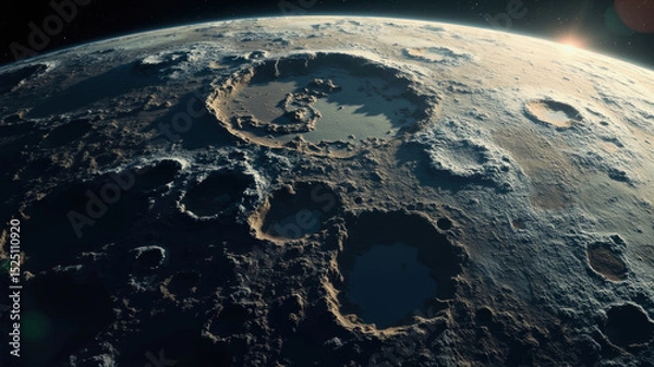 Obraz A striking view of the moon's surface reveals prominent craters and rugged terrain illuminated by sunlight with distant stars visible. This scene captures the vastness of space and lunar features