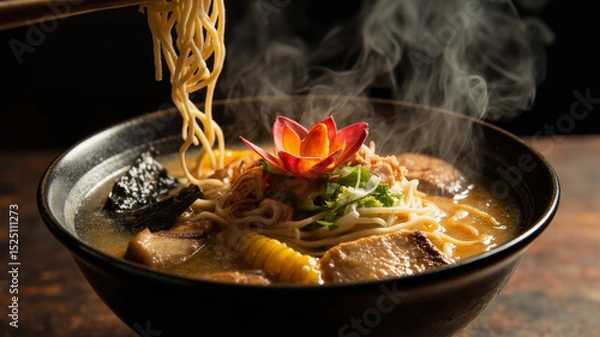 Obraz A steaming bowl of ramen garnished with fresh vegetables, tender meat, and a vibrant flower sits on a wooden table at an evening restaurant. Noodles are being lifted with chopsticks