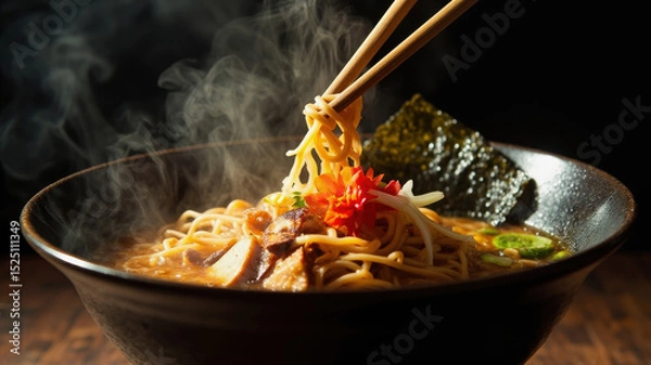 Obraz Chopsticks lift noodles from a steaming bowl of ramen, showcasing fresh vegetables and seaweed. The dark backdrop enhances the rich colors and enticing aromas of the dish