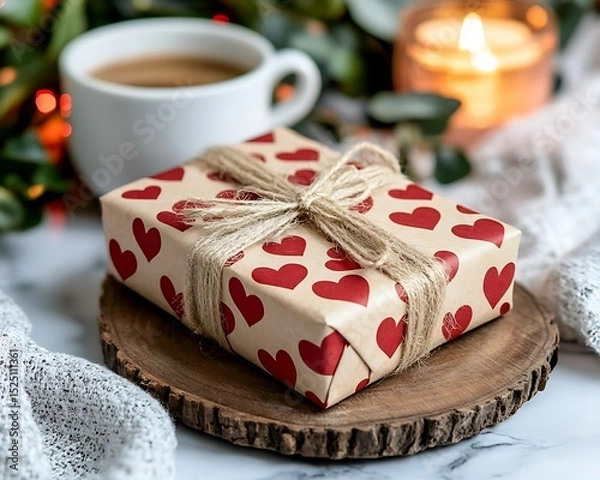 Obraz A beautifully wrapped present next to a cup and candle