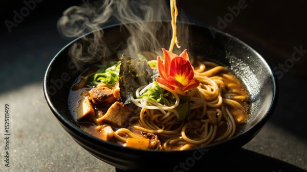 Obraz A steaming bowl of noodle soup is served with tender pieces of meat, fresh vegetables, and a colorful flower on top, creating a warm and inviting meal experience