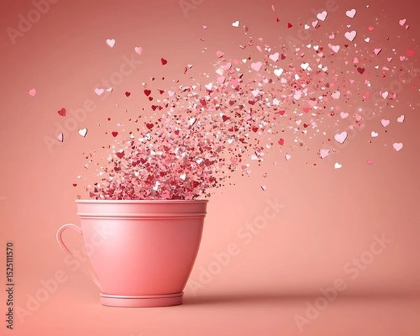 Fototapeta A pink cup overflows with numerous heart shaped confetti