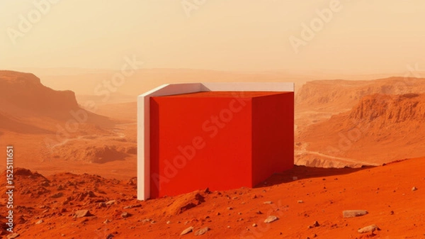 Obraz A striking red building stands in a vast, orange Martian terrain, surrounded by rocky formations under a hazy sky