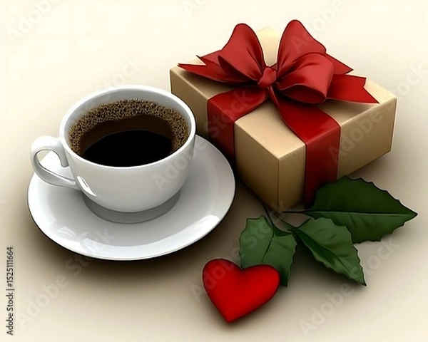 Obraz A white coffee cup and gift box with a red ribbon