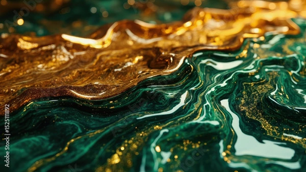 Obraz Intricate patterns of green and gold shimmer across a smooth surface, creating a captivating abstract design. The sunlight enhances the glossy finish, highlighting the flowing textures