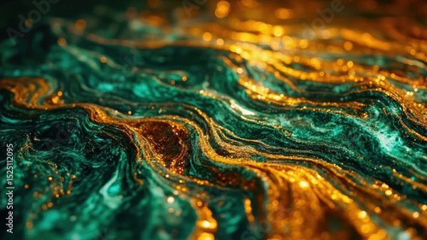 Obraz Colorful abstraction features flowing waves of turquoise and gold, creating a mesmerizing visual effect. Light reflects off the textured surface, enhancing the artwork's depth and movement