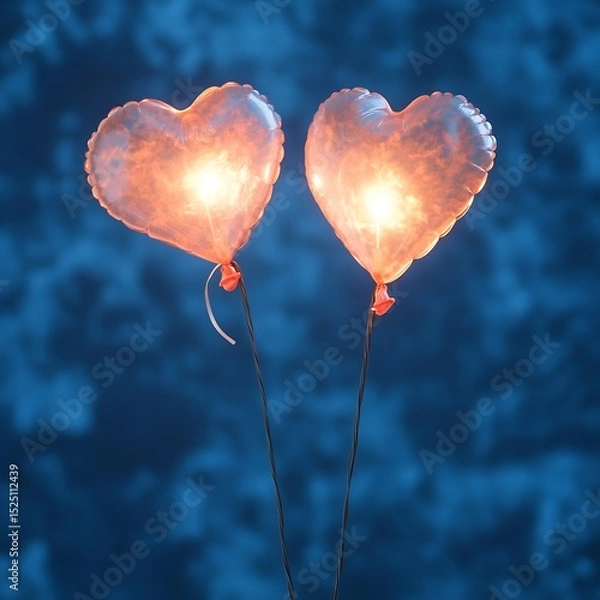 Obraz Two illuminated heart shaped balloons floating with a blue background