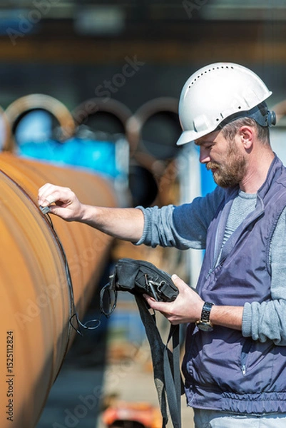 Obraz Inspector is checking welds with ultrasonic test method. It is a family of non-destructive testing techniques based on the propagation of ultrasonic waves in the object or material tested.
