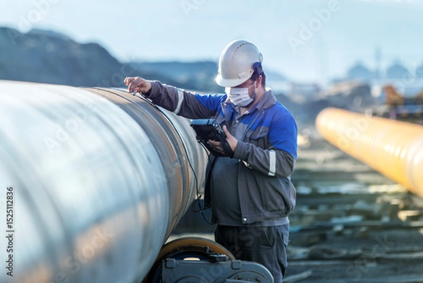 Fototapeta Inspector is checking welds with ultrasonic test method. It is a family of non-destructive testing techniques based on the propagation of ultrasonic waves in the object or material tested.