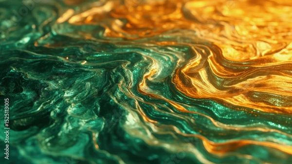 Obraz Colorful, swirling waves in shades of green and gold blend seamlessly, presenting an abstract composition that feels alive and dynamic. The design captures the essence of fluid motion