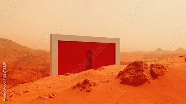 Obraz A striking red rectangular structure stands on a dusty Martian landscape. The surrounding terrain is rocky and orange, bathed in the warm glow of dusk, creating an otherworldly atmosphere