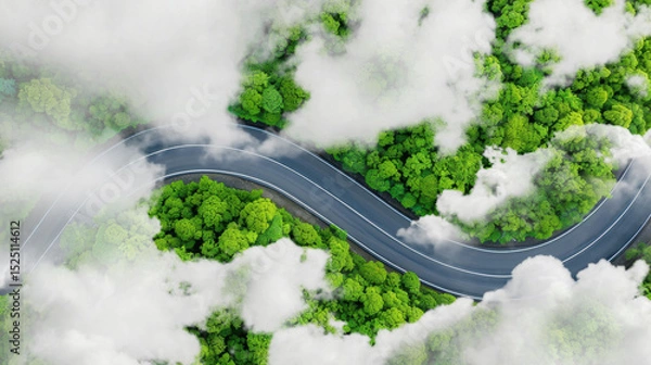 Obraz Aerial view of dense green trees in forest capture CO2 and curve highway road. Green trees background for carbon neutrality and net zero emissions concept. Sustainable green environment. Carbon credit