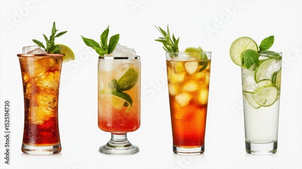 Obraz Four distinct drinks are presented, showcasing a variety of colors and garnishes. Each beverage is served in an elegant glass filled with ice, perfect for a warm day