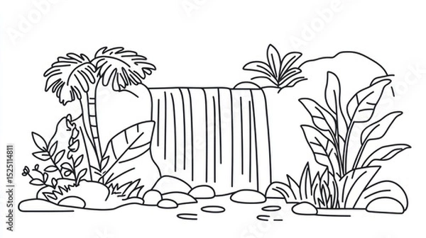 Fototapeta Simple black and white line art of a tropical waterfall cascading over rocks, with lush foliage and palm trees