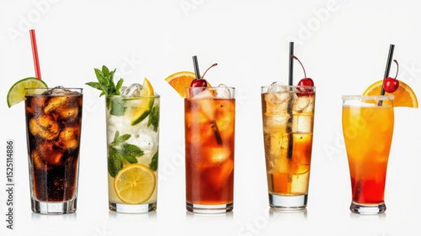 Obraz Five different refreshing beverages are arranged in clear glasses. Each drink features ice and garnishes like mint, citrus slices, and cherries, perfect for a summer event