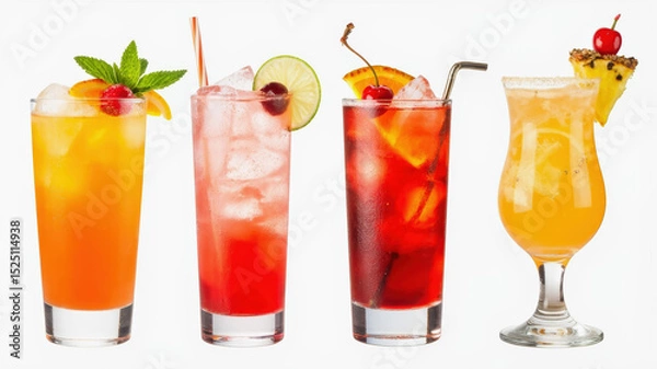 Obraz Four vibrant cocktails are showcased on a white background, each garnished with fresh fruit and herbs. These thirst-quenching beverages are perfect for summer celebrations and gatherings