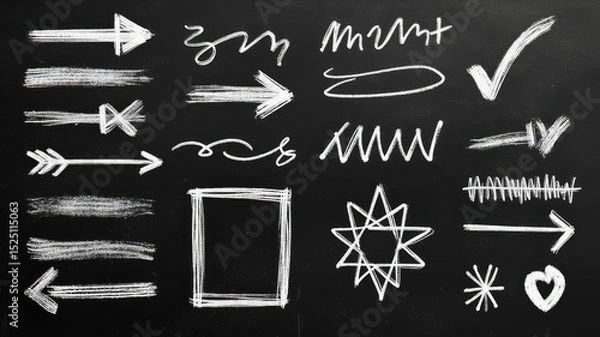 Obraz Chalk sketches of different arrow designs and abstract shapes adorn a black chalkboard, showcasing creativity and artistic expression during an art class activity