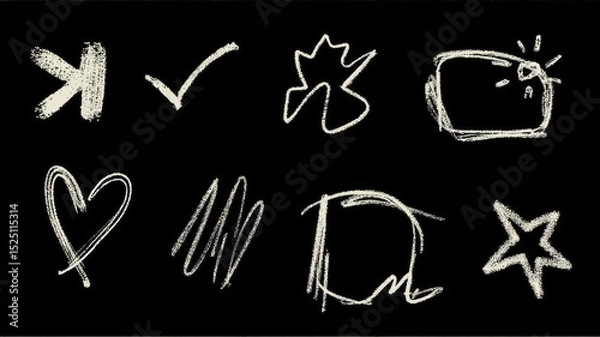 Obraz Simple chalk drawings illustrate a range of abstract shapes, including a heart and stars, set against a deep black background, creating a vibrant visual contrast