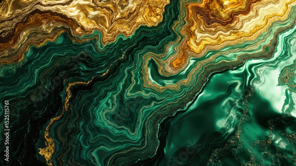 Obraz Bright bands of deep green and shimmering gold intertwine to create an abstract view of a mineral surface, showcasing natural beauty and intricate patterns formed over time