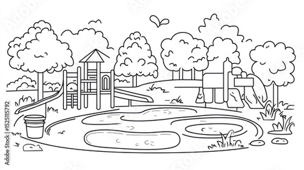 Fototapeta Line drawing of a children's playground in a park with a pond