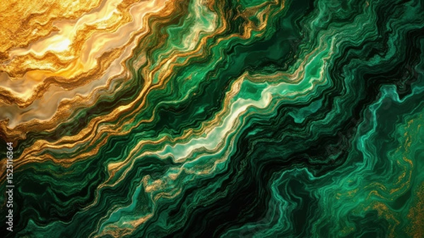 Obraz Swirling patterns of green and gold create an eye-catching abstract design. The fluid texture emphasizes depth and movement, creating a dynamic visual experience