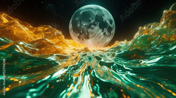 Obraz Bright waves glow in shades of green and gold beneath a full moon. The night sky is filled with stars, creating a surreal, dreamy atmosphere. The landscape is both captivating and otherworldly