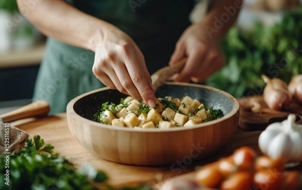 Obraz Closeup of hands preparing cassava on a wooden surface in a cozy kitchen, surrounded by herbs and vegetables. Sustainable plant-based cooking methods perfect for vegan food and lifestyle themes.