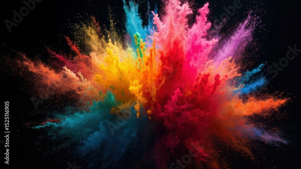 Obraz A stunning explosion of bright colored powders fills the air, creating a visual spectacle. This lively moment captures the essence of a celebration, showcasing vibrant hues and dynamic movement