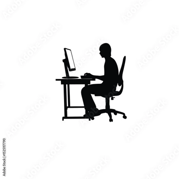 Obraz Silhouette of a person sitting at a desk working on a computer on white background