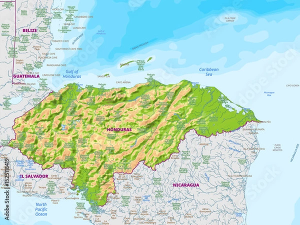 Obraz Detailed physical map of Honduras