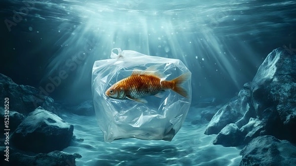 Obraz An underwater composition of a lone fish inside a plastic bag slowly sinking in a clear ocean trench with minimal debris and strong lighting conditions