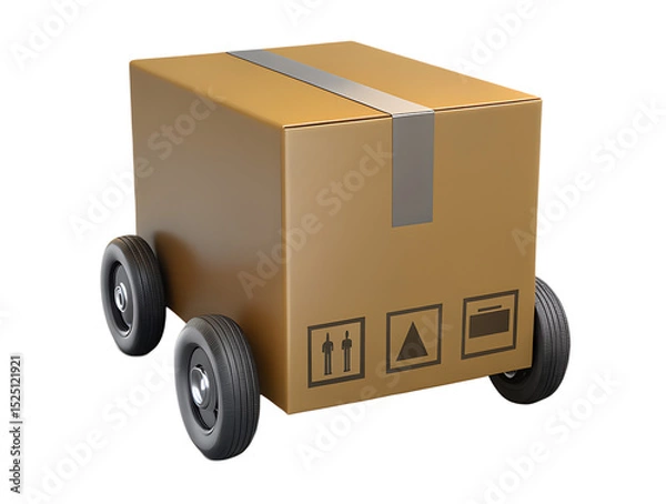 Fototapeta 3d illustration rendering of isolated transparent fragile cardboard parcel box on wheel icon