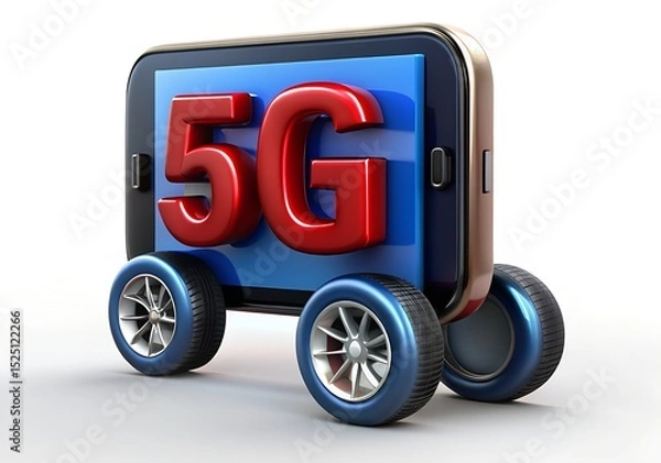 Fototapeta 3d illustration rendering of word text 5g on smartphone mobile phone screen with wheels