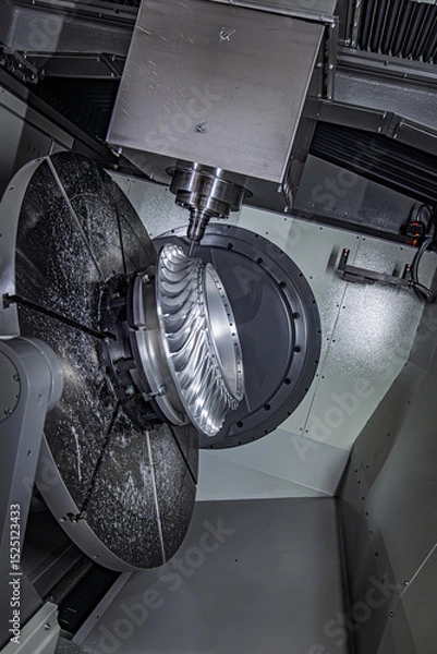 Obraz Metalworking CNC lathe milling machine. Cutting metal modern processing technology.