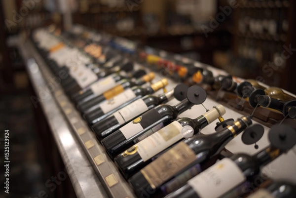 Obraz Row of wine bottles with dry red and white wine on wooden. Low depth of field.