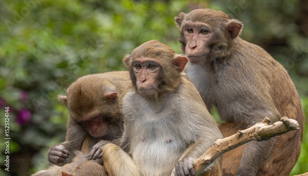 Obraz Macaques in nature. Macaques constitute a genus (Macaca) of gregarious monkeys.