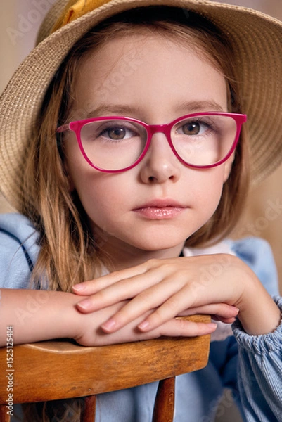 Fototapeta A close-up portrait of a young girl with expressive large eyes and a clear gaze. She sits with her arms crossed on the back of a chair. There is a neutral beige background behind her.