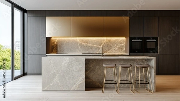 Obraz Contemporary minimalist kitchen with a bold stone island, slim stools, gold metallic upper panels, and seamless finishes