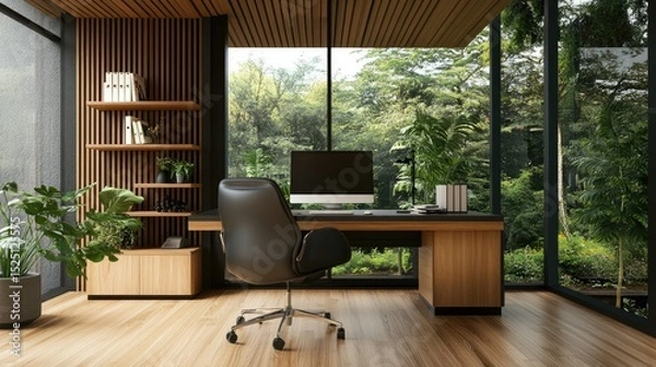 Obraz Contemporary workspace with a black-and-wood theme, floating shelves, clean desk, and large windows overlooking green woodland