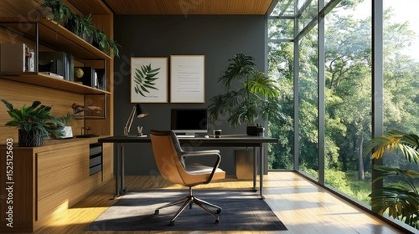 Obraz Contemporary workspace with a black-and-wood theme, floating shelves, clean desk, and large windows overlooking green woodland