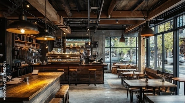 Obraz Cozy industrial-modern cafe with exposed beams, rustic wood surfaces, neutral seating, and elegant metal pendant lights