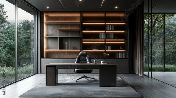 Obraz Dark modern office featuring elegant decor, organized shelves, a sleek metal desk, and serene outdoor views through glass walls