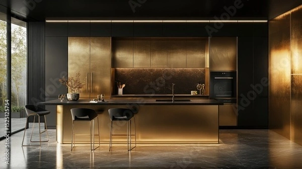 Obraz Elegant kitchen interior with dark countertops, slim island seating, and gold metal panels creating a warm modern glow