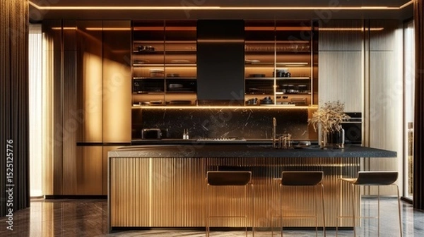 Obraz Elegant kitchen interior with dark countertops, slim island seating, and gold metal panels creating a warm modern glow