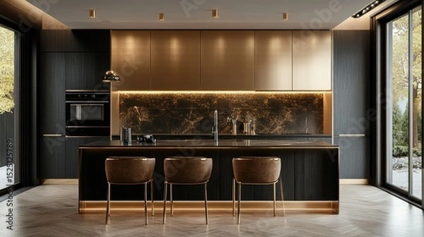 Obraz Elegant kitchen interior with dark countertops, slim island seating, and gold metal panels creating a warm modern glow