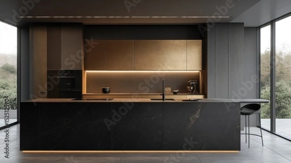 Obraz High-end minimalist kitchen with black stone finishes, integrated gold cabinetry, and an elongated island for sleek seating