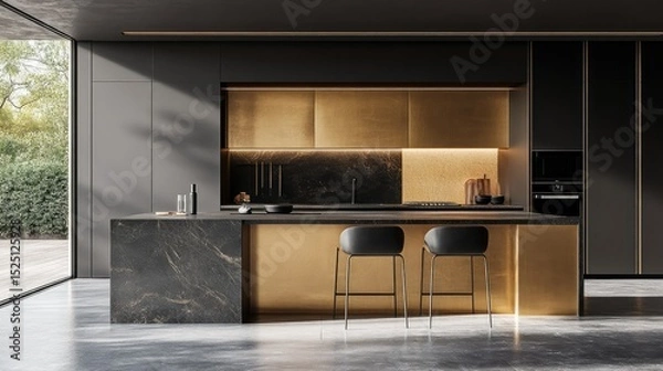 Obraz High-end minimalist kitchen with black stone finishes, integrated gold cabinetry, and an elongated island for sleek seating